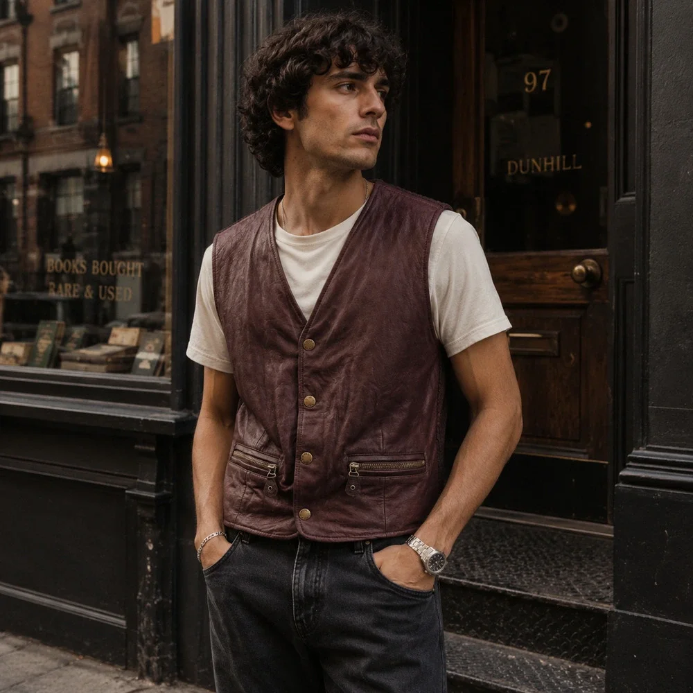 Vintage Alfred Dunhill Leather Sz S Distressed Luxury Brown Vest Grunge Biker